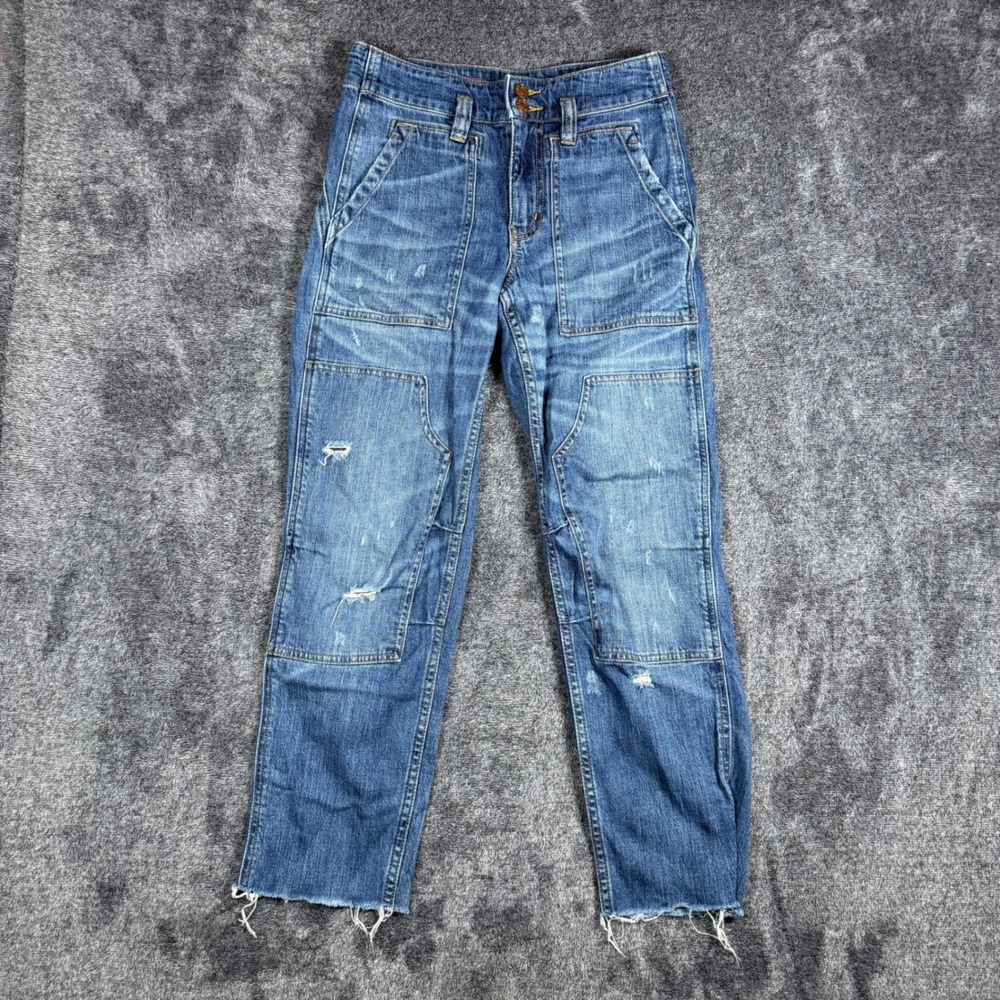 Anthropologie Pilcro Double Knee Utility Jeans Blue Distressed Raw Hem Size 25